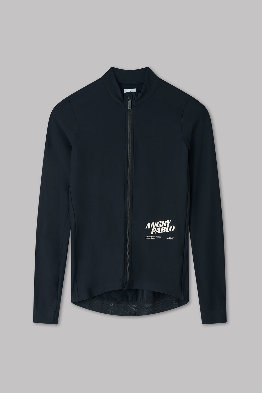 Black long-sleeve shirt with 'Angry Pablo' text on a gray background