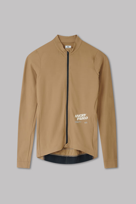 Brown jacket with a visible brand logo on a gray background