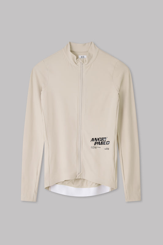 Beige long-sleeve shirt with a brand logo on a gray background