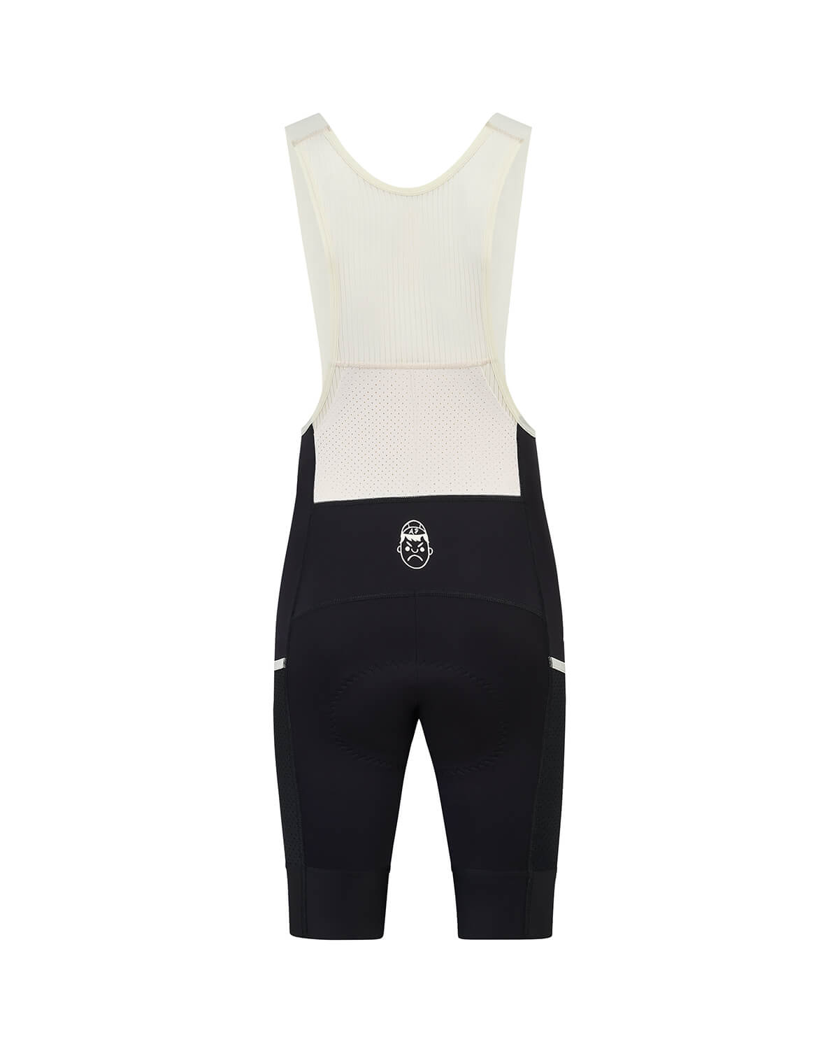Back view of the Angry Pablo Core System women's cargo bib shorts in black shot in ghost mannequin format in the studio.