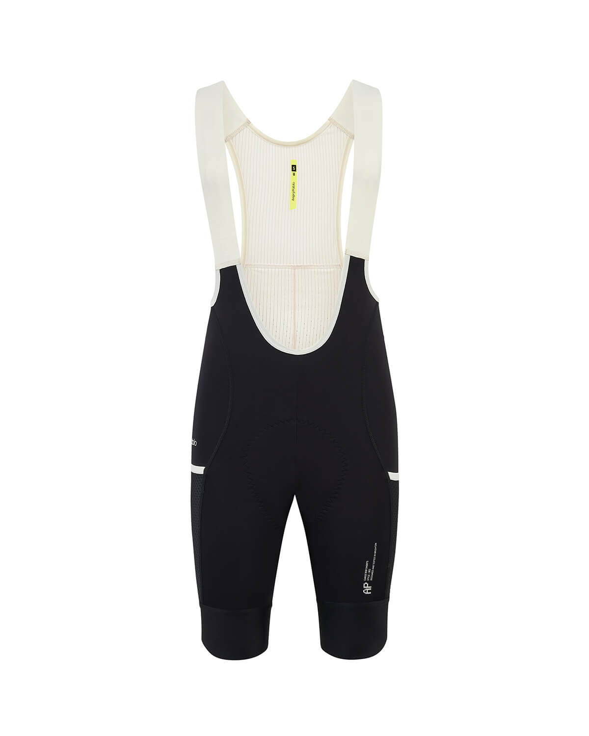 Front view of the Angry Pablo Core System women's cargo bib shorts in black shot in ghost mannequin format in the studio.