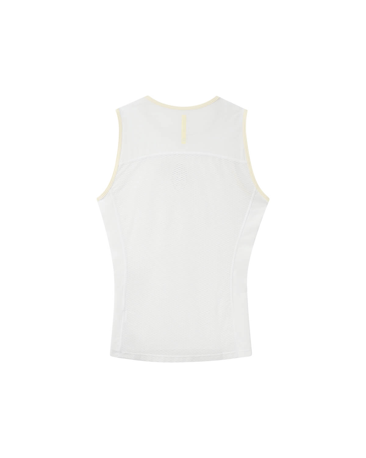 Studio flatlay photo of the Angry Pablo Core System mesh sleeveless base layer in white back view