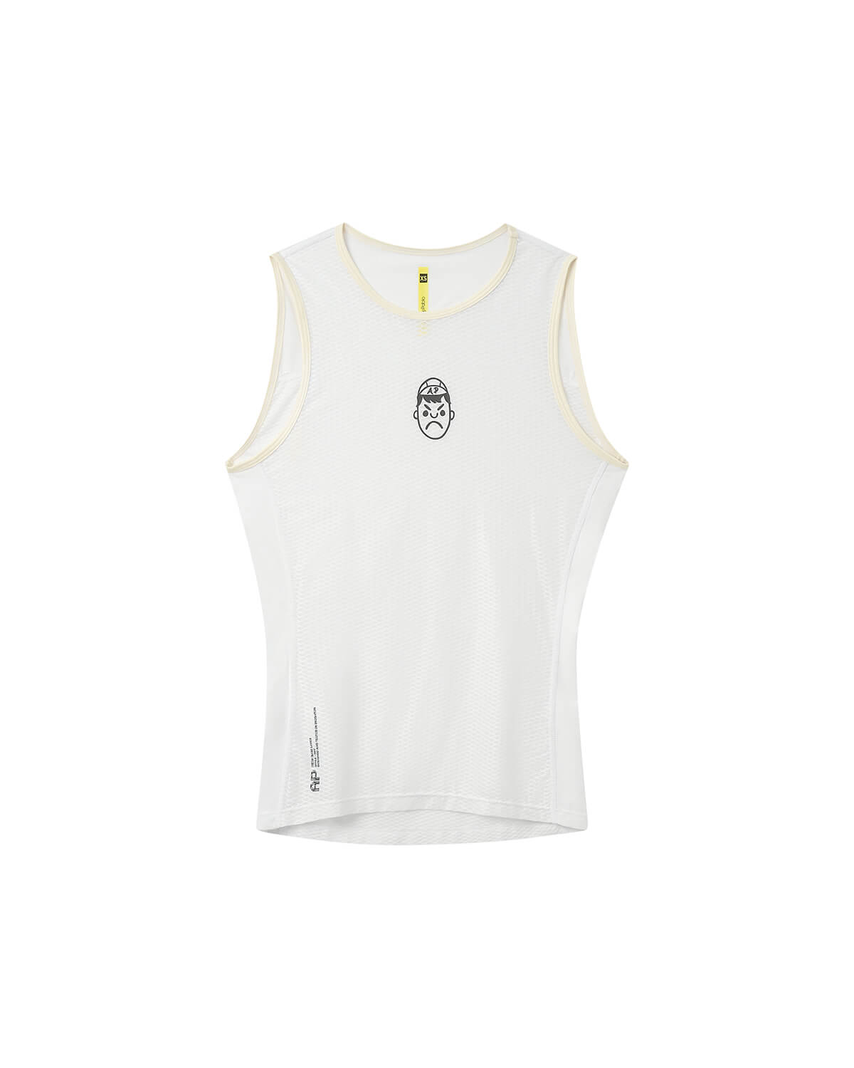 Studio flatlay photo of the Angry Pablo Core System mesh sleeveless base layer in white front view